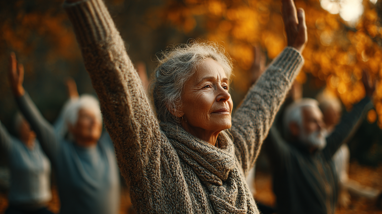 Група старших людей займається йогою на природі